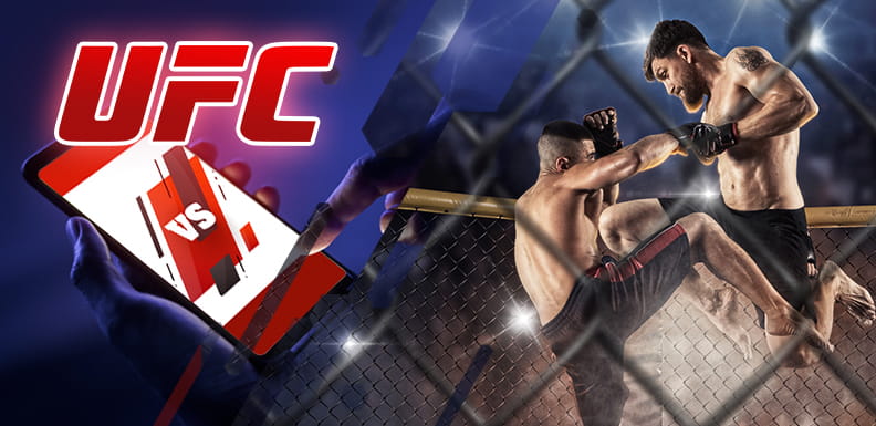 Über einem Smartphone stehen die Buchstaben "UFC", daneben zwei Männer, die gegeneinander kämpfen.