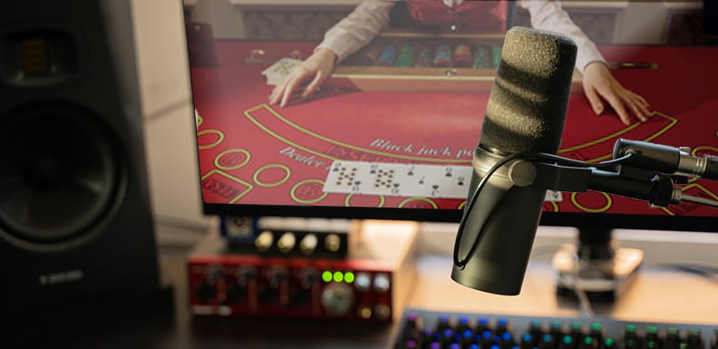 Ein Mirkofon im Vordergrund, dahinter ein Computer-Monitor, auf dem ein Casino-Spieltisch abgebildet ist.