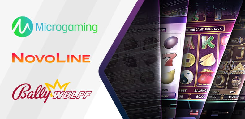 Die Spielfelder von verschiedenen Online Slots, daneben die Logos von Microgaming, Novoline und Bally Wulff.