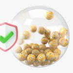 Eine Tombola mit Lottobällen, daneben ein grüner Haken als Prüfsiegel.