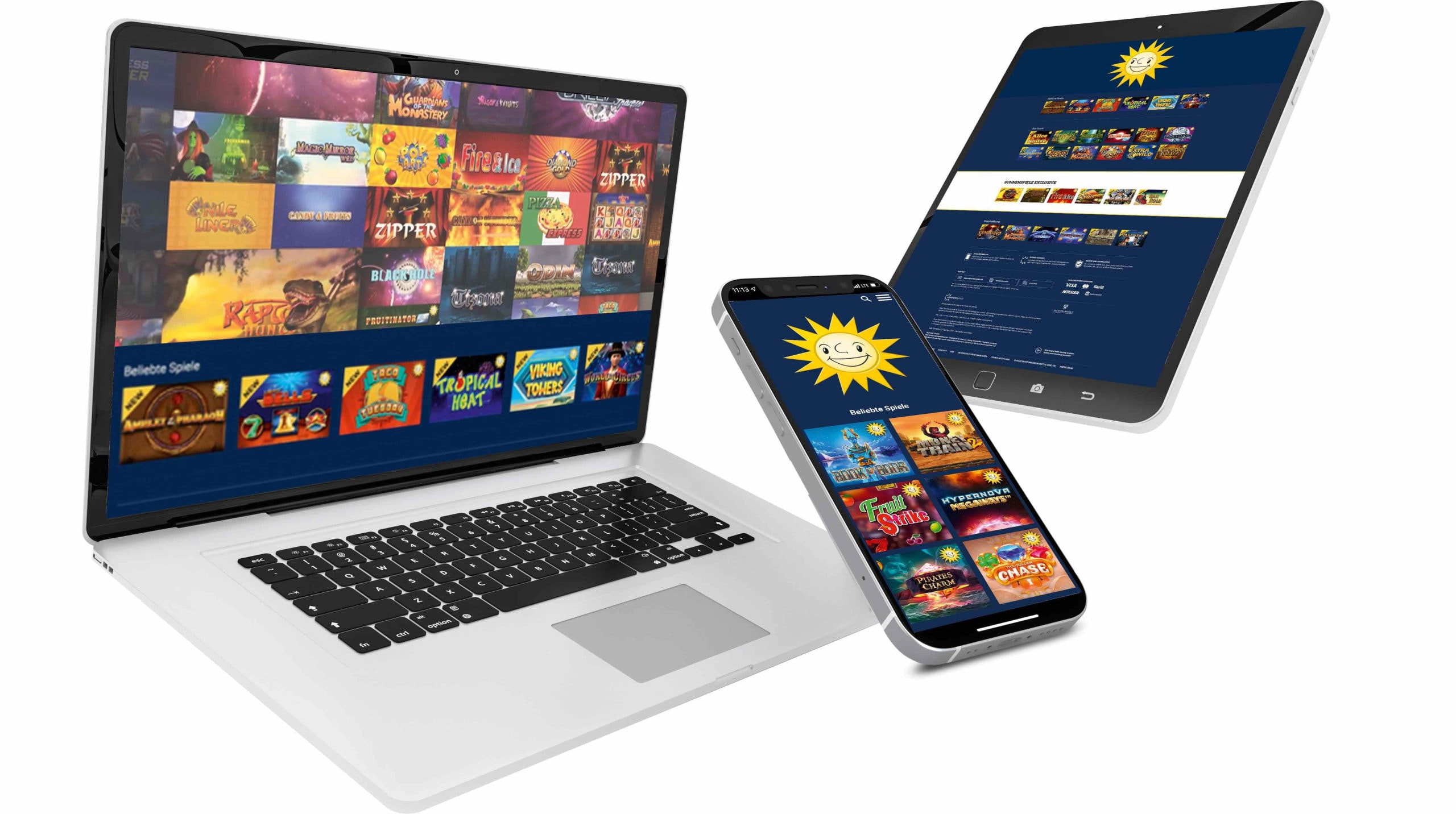 Merkur Spiele auf einem Laptop, Tablet und Smartphone.