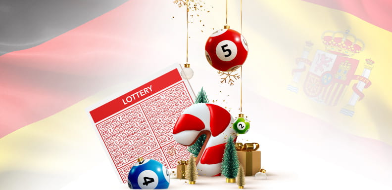 Tiket lotere, pernak-pernik Natal dengan angka di atasnya & bendera Spanyol & Jerman di latar belakang.