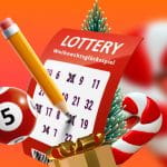Ein Lottoschein, auf dem einige Zahlen angekreuzt sind, drumherum typische Weihnachtssymbole wie Geschenke oder Christbaumkugeln.