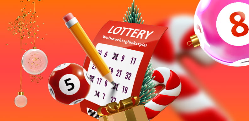 Sebuah tiket lotre di mana beberapa nomor dicentang, dikelilingi oleh simbol-simbol Natal yang khas seperti hadiah atau bola pohon Natal.