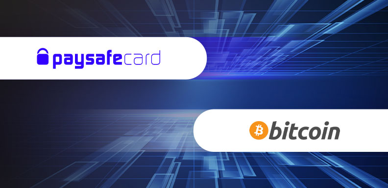 Das paysafecard Logo und das Bitcoin Logo nebeneinander.