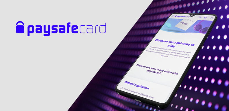 Das Paysafecard Logo und daneben ein Smartphone mit der Webseite von Paysafecard.