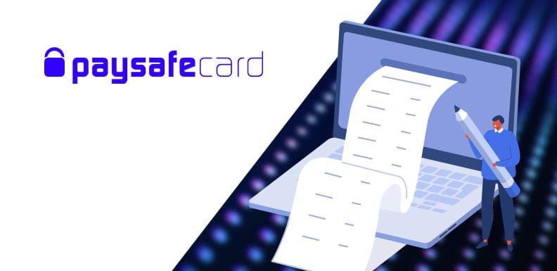 Das Paysafecard Logo und daneben ein Laptop, aus dem eine Rechnung kommt.