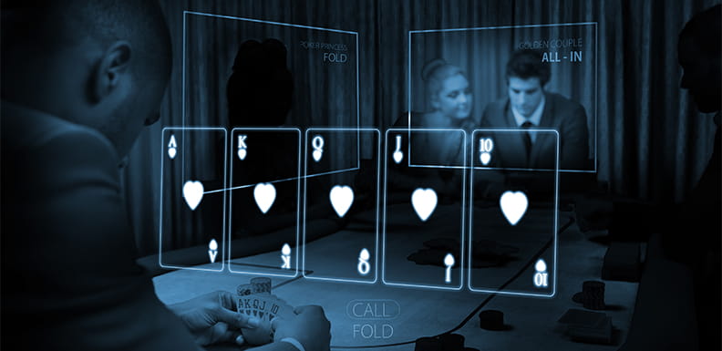 Orang duduk di meja judi, kartu muncul sebagai hologram di depan mereka.