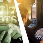 Ein Mann hält ein Smartphone in der Hand, darüber das Wort "Slots", auf der rechten Seite des Bildes ein landbasierter Spielautomat mit dem Slot "Book of Ra".