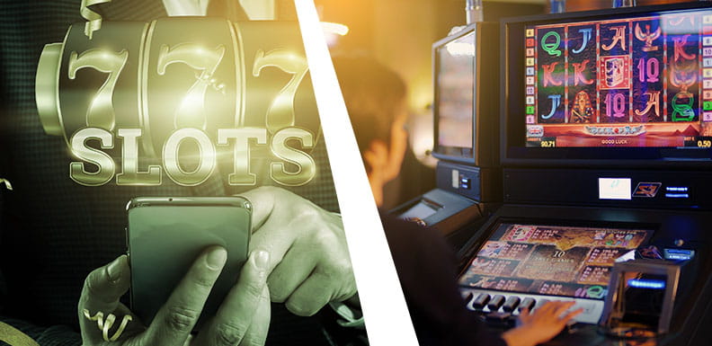 Ein Mann hält ein Smartphone in der Hand, darüber das Wort Slots, auf der rechten Seite des Bildes ein landbasierter Spielautomat mit dem Slot Book of Ra.