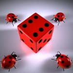 Auf einen roten Würfel laufen vier Marienkäfer zu – von jeder Seite aus einer.