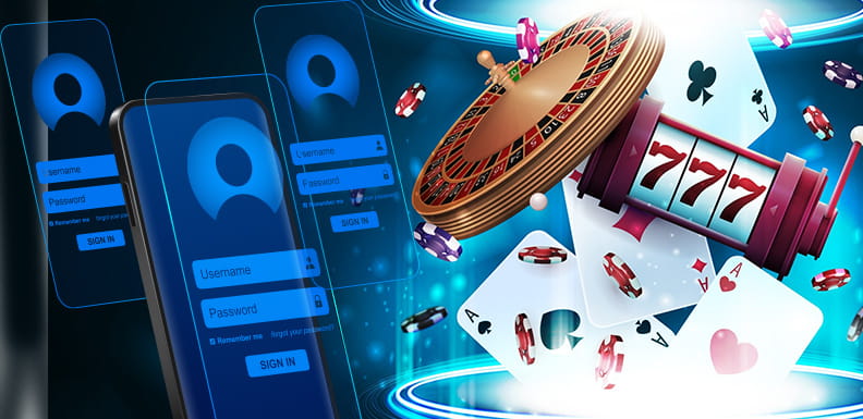 3 layar smartphone, di sebelahnya ada roda roulette, chip bermain, dan gulungan slot.