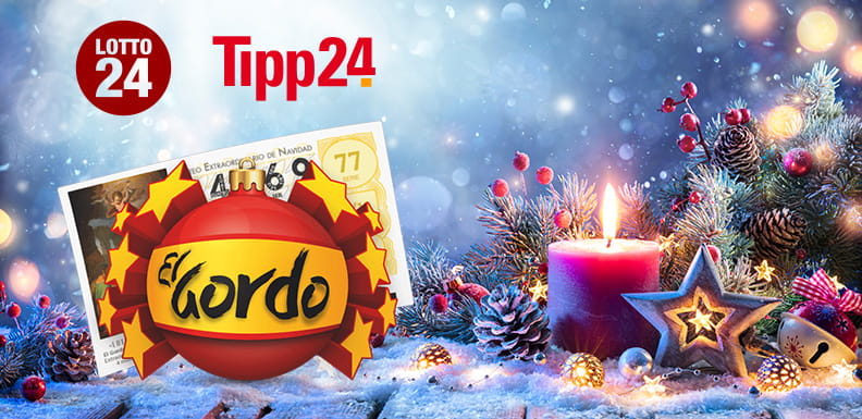 Sebuah bola pohon Natal dengan tulisan 'El Gordo' di atasnya, dengan logo Lotto24 & Tipp24 di atasnya.