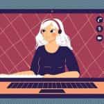 Auf dem Bildschirm eines animierten Laptops ist eine Frau mit Headset zu sehen.
