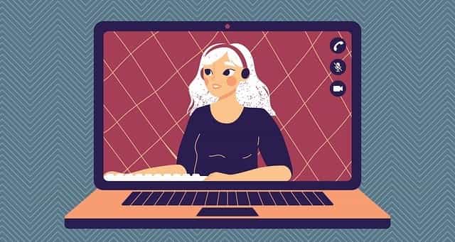 Auf dem Bildschirm eines animierten Laptops ist eine Frau mit Headset zu sehen.