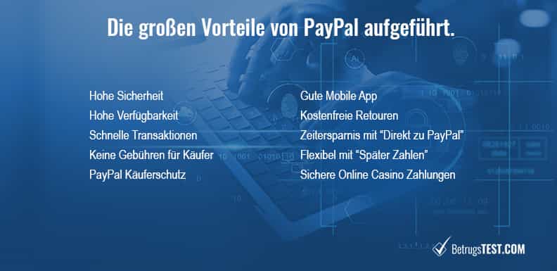 Die großen Vorteile von PayPal aufgeführt.