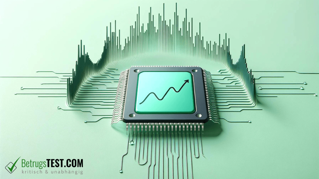 Darstellung eines Microchips und Börsenkursen - Erstellt mit AI durch Betrugstest Prompt.