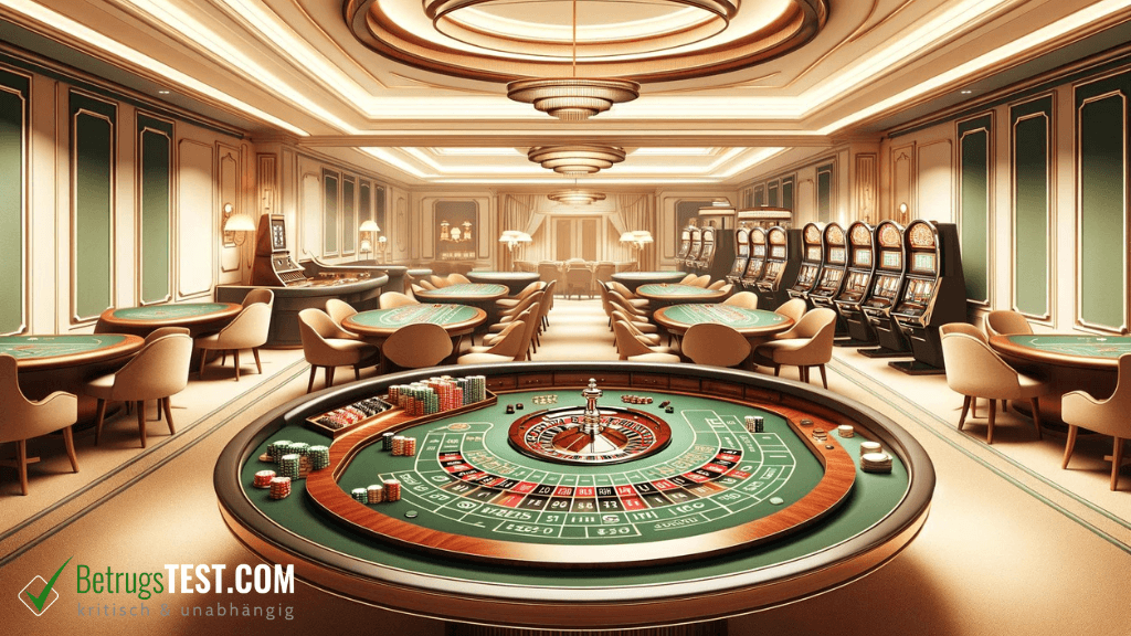 Innenraum einer Spielbank mit Roulette Tischen - Erstellt mit AI durch Betrugstest Prompt.