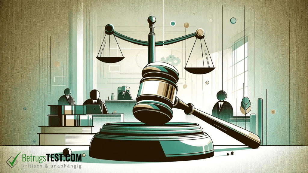 Richterhammer und Waage in einem Gerichtsgebäude - Erstellt mit AI durch Betrugstest Prompt.