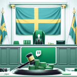 Gerichtsraum mit Schweden Flagge und Twitch Logo - Erstellt mit AI durch Betrugstest Prompt.