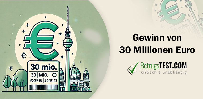 Illustration zur Feier eines Lotto-Jackpot-Gewinners in Berlin, mit einem großen Euro-Symbol und der Zahl '30 Mio.' - Erstellt mit AI durch Betrugstest Prompt.