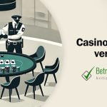 Illustration eines Pokertisches in einem Casino, an dem ein Mann von Polizisten verhaftet wird - Erstellt mit AI durch Betrugstest Prompt.