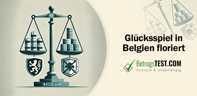Waage mit Spielchips und Belgien-Schriftzug - Erstellt mit AI durch Betrugstest Prompt.