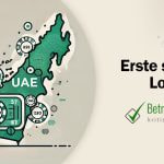 Eine stilisierte Karte der Vereinigten Arabischen Emirate mit einem grünen Lotterielos und Casino-Symbolen - Erstellt mit AI durch Betrugstest Prompt.