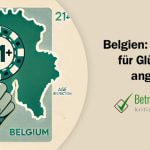 Hand, die einen Spielchip hält vor den Umrissen des Landes Belgien - Erstellt mit AI durch Betrugstest Prompt.