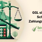 Ein minimalistisches Design zeigt rechtliche Symbole wie einen Hammer und eine Waage, im Hintergrund ist subtil eine Europakarte zu sehen. - Erstellt mit AI durch Betrugstest Prompt.