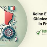 Illustration der Glücksspielbranche in Frankreich mit Symbolen wie Würfeln, Spielkarten und einem Roulette-Rad, zusammen mit der Umrissform von Frankreich im Hintergrund. - Erstellt mit AI durch Betrugstest Prompt.
