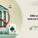 Gerichtsgebäude mit einem Verboten-Zeichen davor sowie mit Spielchips, Spielkarten und Würfeln - Erstellt mit AI durch Betrugstest Prompt.