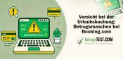 Laptop mit Logo von Booking.vom und mehreren Warnzeichen - Erstellt mit AI durch Betrugstest Prompt.