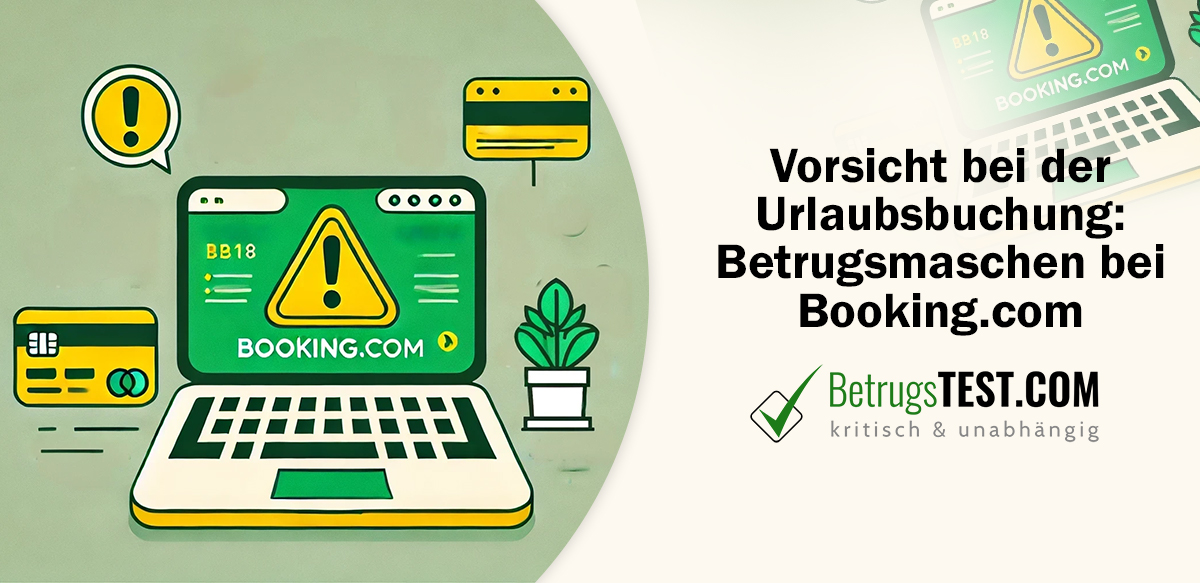 Laptop mit Logo von Booking.vom und mehreren Warnzeichen - Erstellt mit AI durch Betrugstest Prompt.