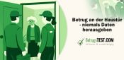 Zwei Menschen in Arbeitskleidung, die mit einer älteren Frau in der Tür ihrer Wohnung stehen - Erstellt mit AI durch Betrugstest Prompt.