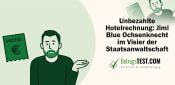 Schulterzuckender Mann neben einer Hotelrechnung - Erstellt mit AI durch Betrugstest Prompt.