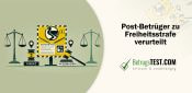 Justizwaage und Richterhammer neben einer Briefmarke mit Logo der Deutschen Post - Erstellt mit AI durch Betrugstest Prompt.