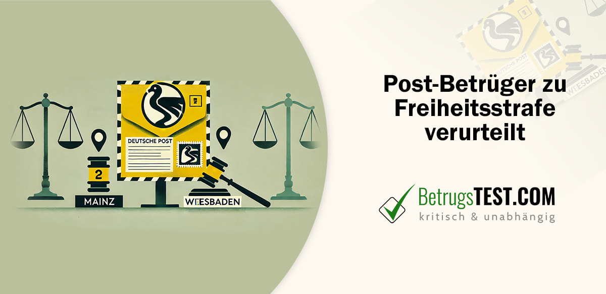 Justizwaage und Richterhammer neben einer Briefmarke mit Logo der Deutschen Post - Erstellt mit AI durch Betrugstest Prompt.