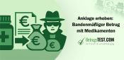 Kriminelle Person neben einem Geldsack und Medikamentenbehältern - Erstellt mit AI durch Betrugstest Prompt.