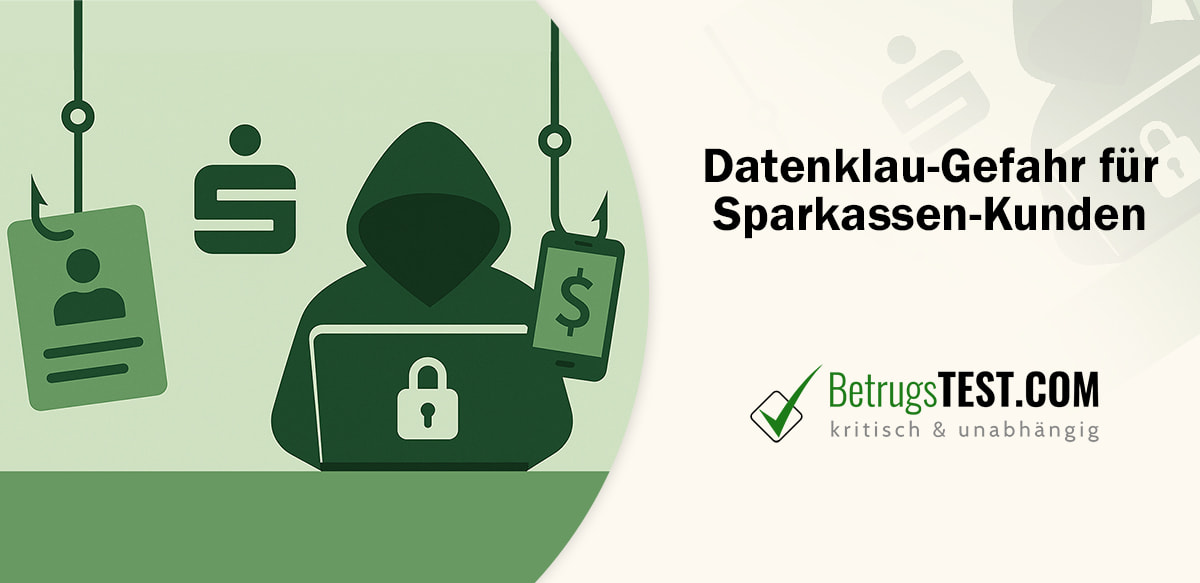 Sparkassen-Logo, eine dubiose Gestalt und Angelhaken - Erstellt mit AI durch Betrugstest Prompt.