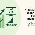 Roboter, Computerbildschirm mit Musik-Zeichen und Deezer Logo - Erstellt mit AI durch Betrugstest Prompt.