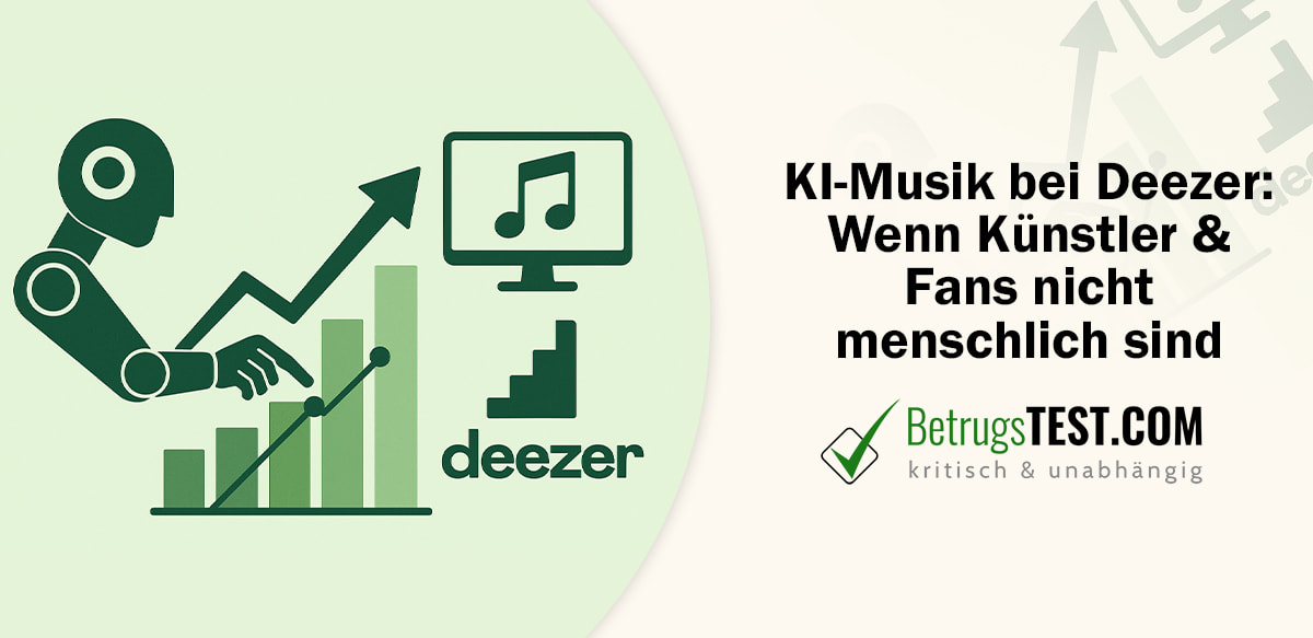 Roboter, Computerbildschirm mit Musik-Zeichen und Deezer Logo - Erstellt mit AI durch Betrugstest Prompt.