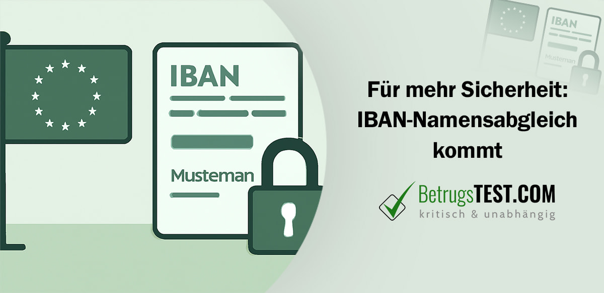Illustration eines sicheren Banküberweisungsprozesses mit einem EU-Flaggen-Symbol, einem IBAN-Dokument und einem Vorhängeschloss, das den Schutz durch die neue EU-Verordnung symbolisiert. - Erstellt mit AI durch Betrugstest Prompt.