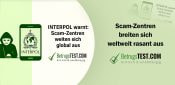 Hacker mit Laptop neben Smartphone mit INTERPOL-Logo; rechts Text „INTERPOL warnt: Scam-Zentren weiten sich global aus“ - Erstellt mit AI durch Betrugstest Prompt.