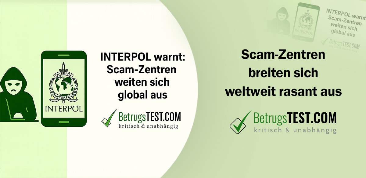Hacker mit Laptop neben Smartphone mit INTERPOL-Logo; rechts Text „INTERPOL warnt: Scam-Zentren weiten sich global aus“ - Erstellt mit AI durch Betrugstest Prompt.