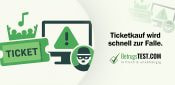Minimalistische Illustration eines Konzerttickets, einer Menschenmenge und eines Computerbildschirms mit einem Warnsymbol und einem Dieb-Icon, das auf Ticketbetrug im Konzertbereich hinweist. - Erstellt mit AI durch Betrugstest Prompt.