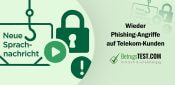 Darstellung einer Phishing-Mail mit dem Text 'Neue Sprachnachricht', umgeben von einem Haken, einem Play-Button, einem Schloss und einem Ausrufezeichen. - Erstellt mit AI durch Betrugstest Prompt.