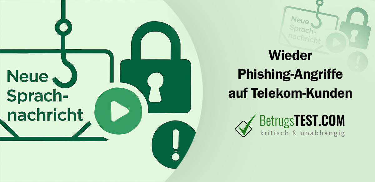 Darstellung einer Phishing-Mail mit dem Text 'Neue Sprachnachricht', umgeben von einem Haken, einem Play-Button, einem Schloss und einem Ausrufezeichen. - Erstellt mit AI durch Betrugstest Prompt.