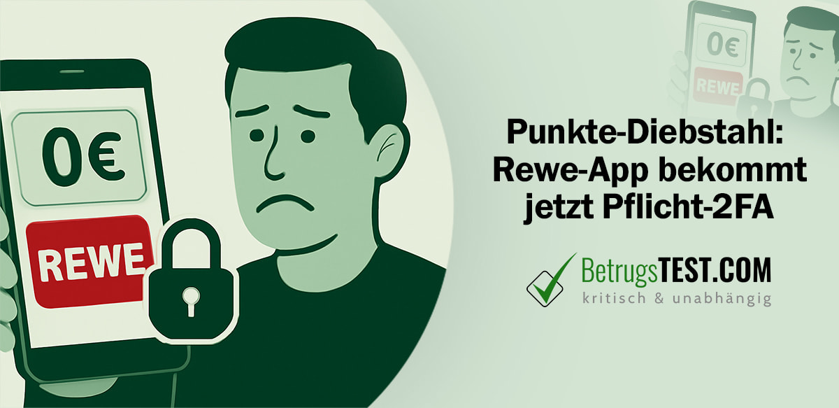 Ein Mann mit besorgtem Gesichtsausdruck hält ein Smartphone, auf dem die REWE-App mit einem "0€"-Guthaben und einem Schloss-Symbol zu sehen ist. - Erstellt mit AI durch Betrugstest Prompt.