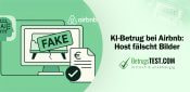 Airbnb Logo, eine Darstellung der künstlichen Intelligenz und ein Computermonitor mit Fake-Bild auf dem Bildschirm - Erstellt mit AI durch Betrugstest Prompt.